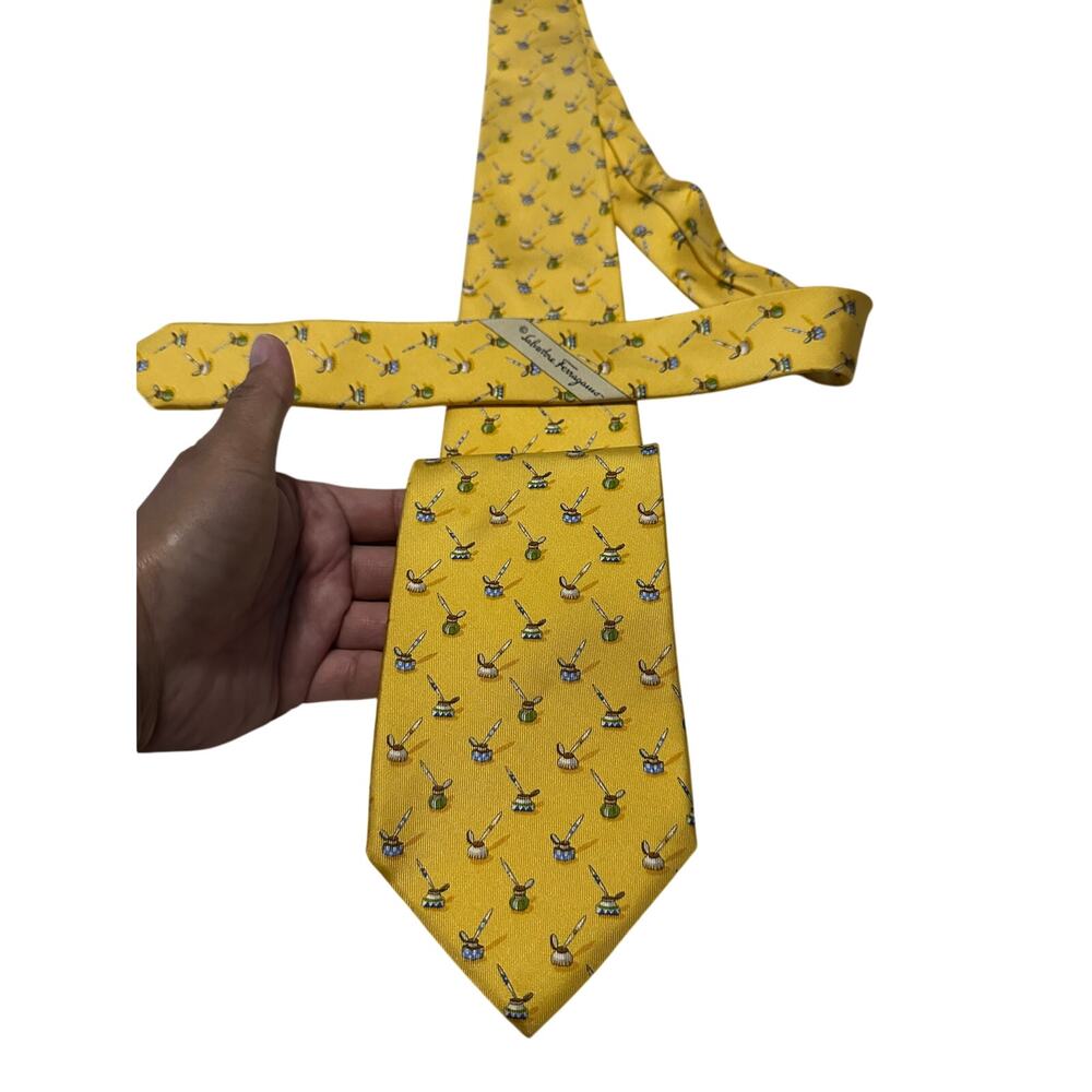 Salvatore Ferragamo Men's 100% Silk Neck Tie Yellow Inkwell Quill Pen Motif